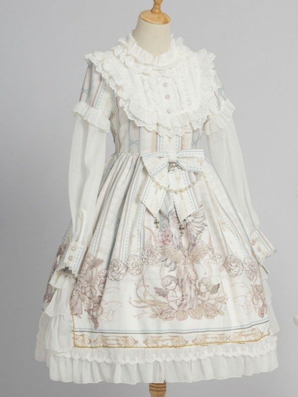 White Sweet Retro Lolita OP Long-sleeved Print Elegant Dress