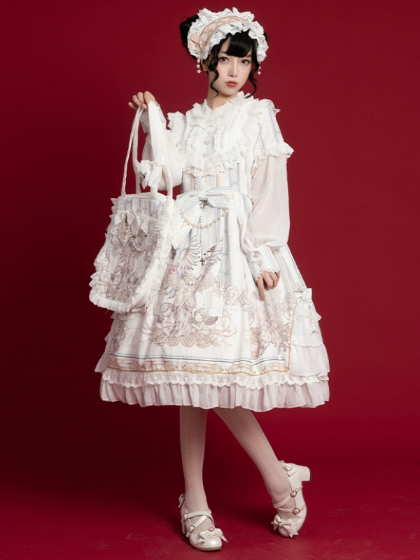 White Sweet Retro Lolita OP Long-sleeved Print Elegant Dress