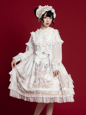 White Sweet Retro Lolita OP Long-sleeved Print Elegant Dress