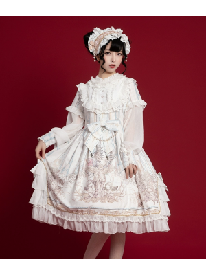 White Sweet Retro Lolita OP Long-sleeved Print Elegant Dress