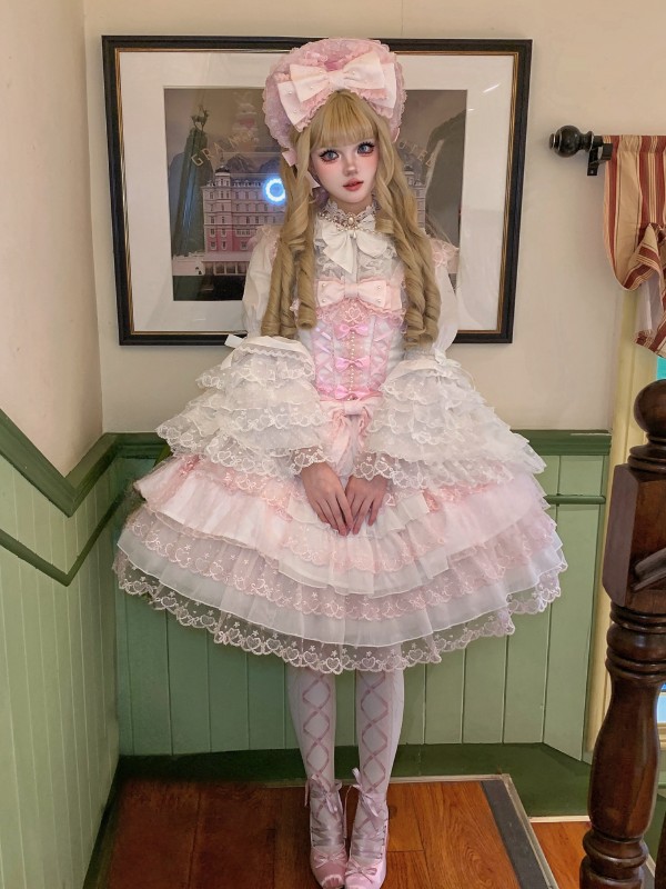 Sweet Pink White Lolita Dress JSK Suspender Dress Tutu Skirt