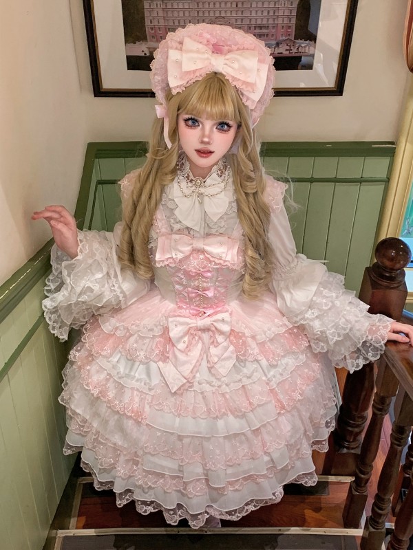 Sweet Pink White Lolita Dress JSK Suspender Dress Tutu Skirt