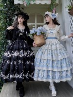 Black Sweet Pastoral Print Embroidery Four-section j Lolita JSK Suspender Dress