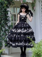 Black Sweet Pastoral Print Embroidery Four-section j Lolita JSK Suspender Dress