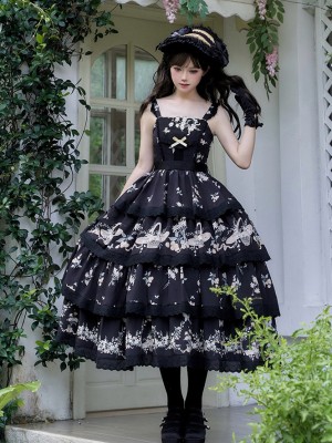 Black Sweet Pastoral Print Embroidery Four-section j Lolita JSK Suspender Dress