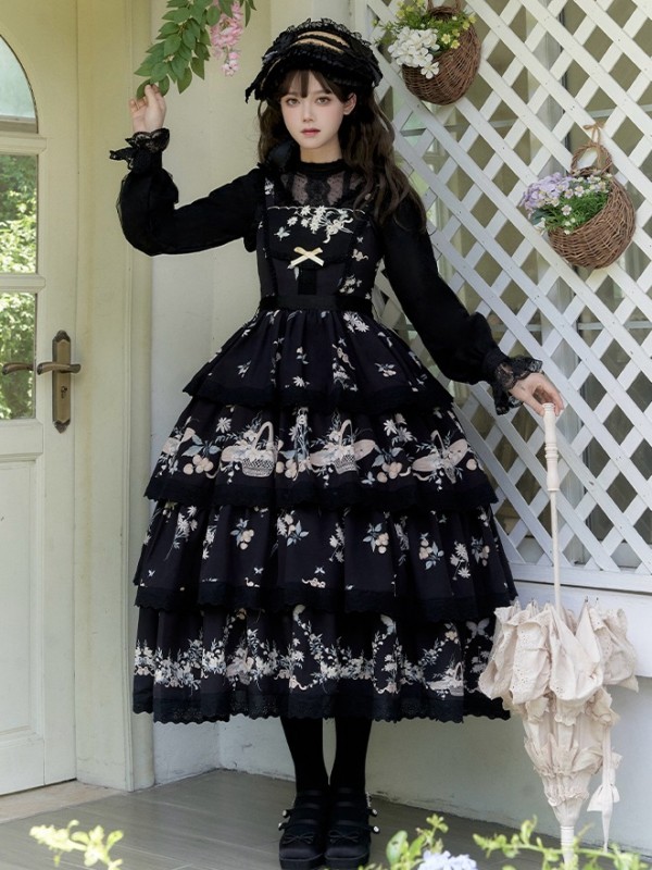 Black Sweet Pastoral Print Embroidery Four-section j Lolita JSK Suspender Dress