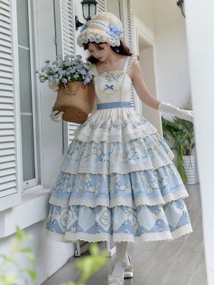 Sweet Pastoral Print Embroidery Four-section j Lolita JSK Suspender Dress