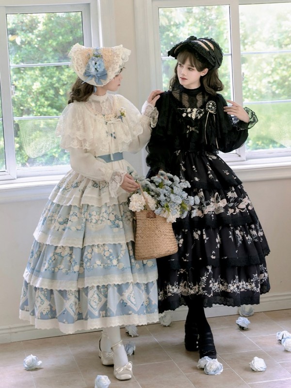 Black Sweet Pastoral Print Embroidery Four-section j Lolita JSK Suspender Dress