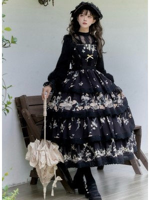 Black Sweet Pastoral Print Embroidery Four-section j Lolita JSK Suspender Dress