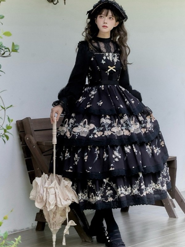 Black Sweet Pastoral Print Embroidery Four-section j Lolita JSK Suspender Dress