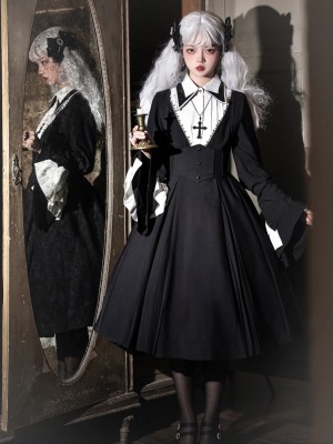 Halloween Dark Cross Nun Style Lolita Long Sleeve OP Dress