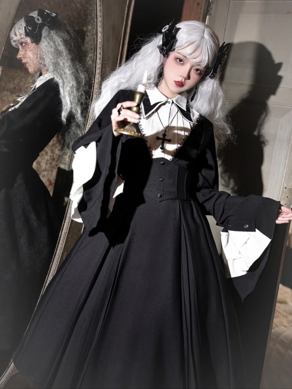 Halloween Dark Cross Nun Style Lolita Long Sleeve OP Dress