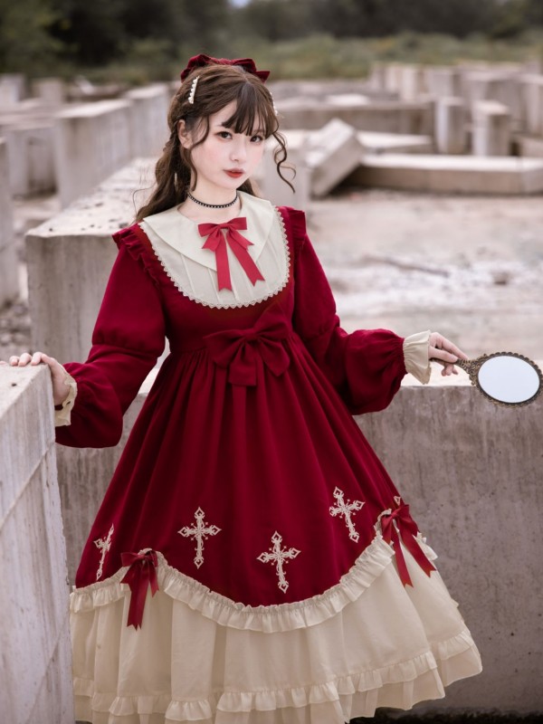 Wine Red Gothic Starry Night Cross Embroidery Dress Dark Lolita Dress