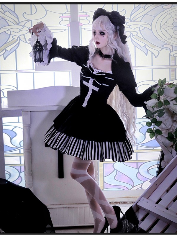 Halloween Gothic Dark Thick Velvet Fake Two-piece OP Lolita Dress