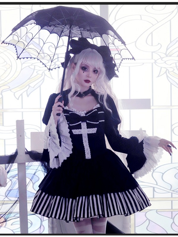 Halloween Gothic Dark Thick Velvet Fake Two-piece OP Lolita Dress