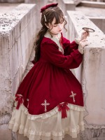 Wine Red Gothic Starry Night Cross Embroidery Dress Dark Lolita Dress