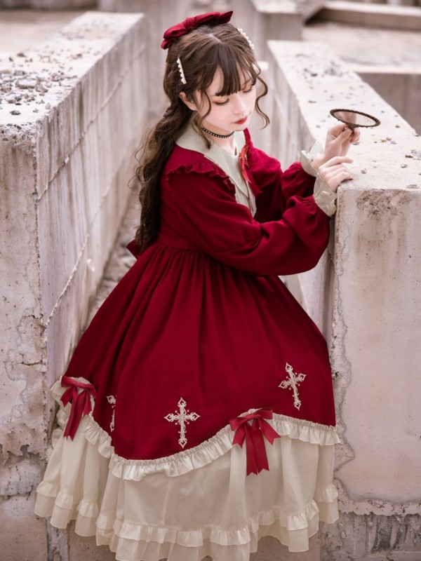 Wine Red Gothic Starry Night Cross Embroidery Dress Dark Lolita Dress