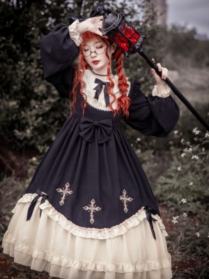 Gothic Starry Night Cross Embroidery Dress Dark Lolita Dress