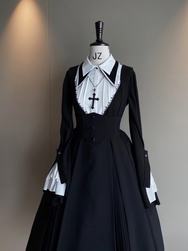 Halloween Dark Cross Nun Style Lolita Long Sleeve OP Dress