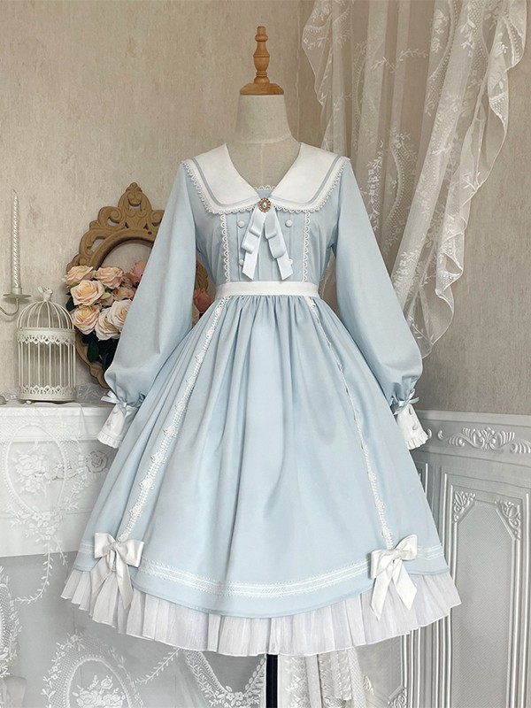 Sweet Blue Lolita Dress Bunny Ears Princess Long Sleeve OP Dress