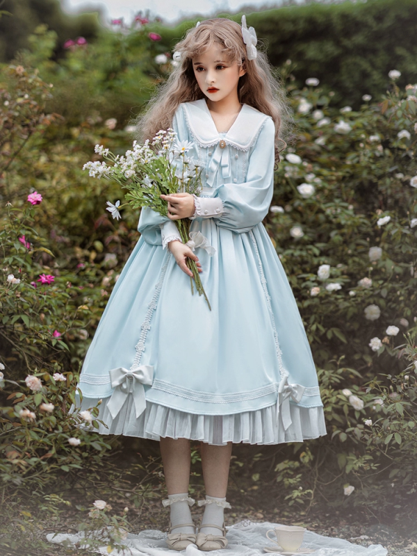 Sweet Blue Lolita Dress Bunny Ears Princess Long Sleeve OP Dress