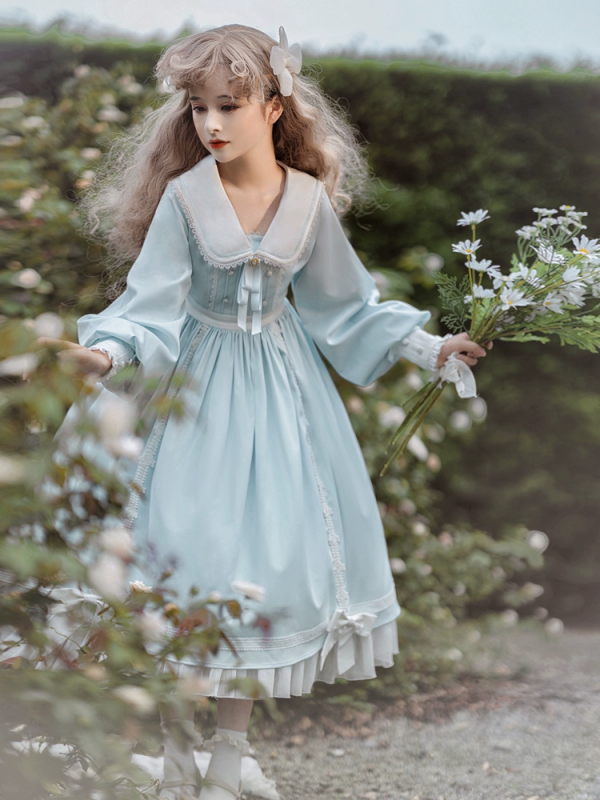 Sweet Blue Lolita Dress Bunny Ears Princess Long Sleeve OP Dress