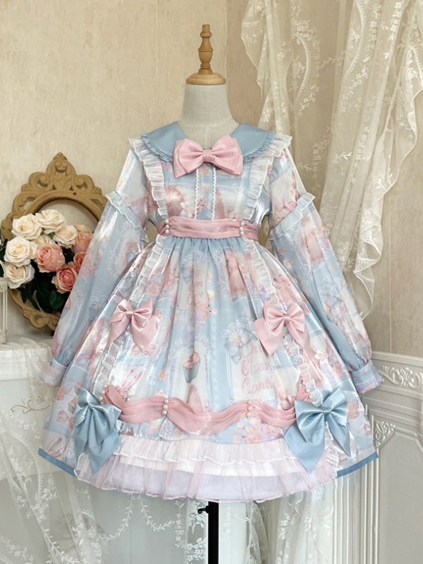 Pink Blue Sweet Cute Princess Long Sleeve Dress Lolita Skirt OP