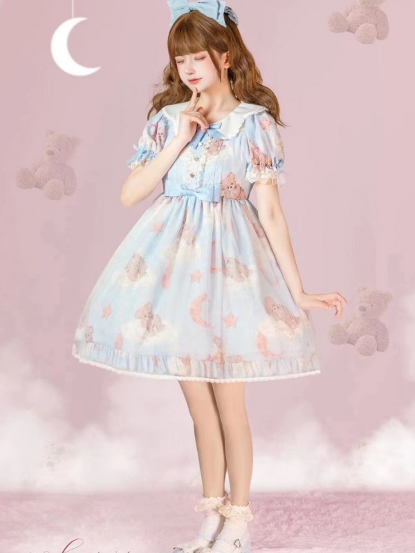 Blue Sweet and cute Star Wishing Bear Lolita Dress OP