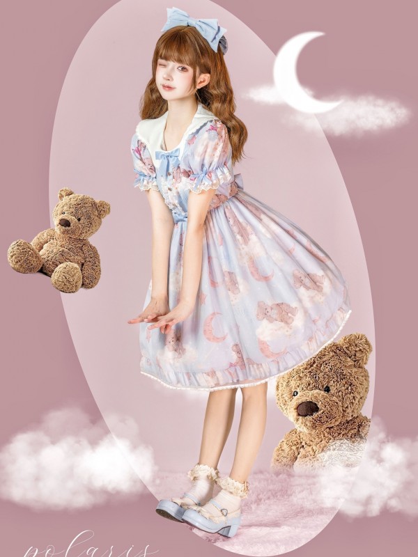 Blue Sweet and cute Star Wishing Bear Lolita Dress OP