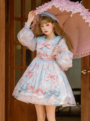 Pink Blue Sweet Cute Princess Long Sleeve Dress Lolita Skirt OP