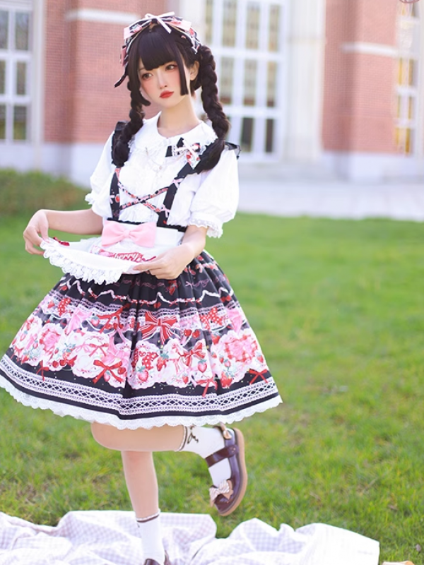 Black Sweet and Cute Bunny Strawberry Lolita Suspender Skirt SK Set