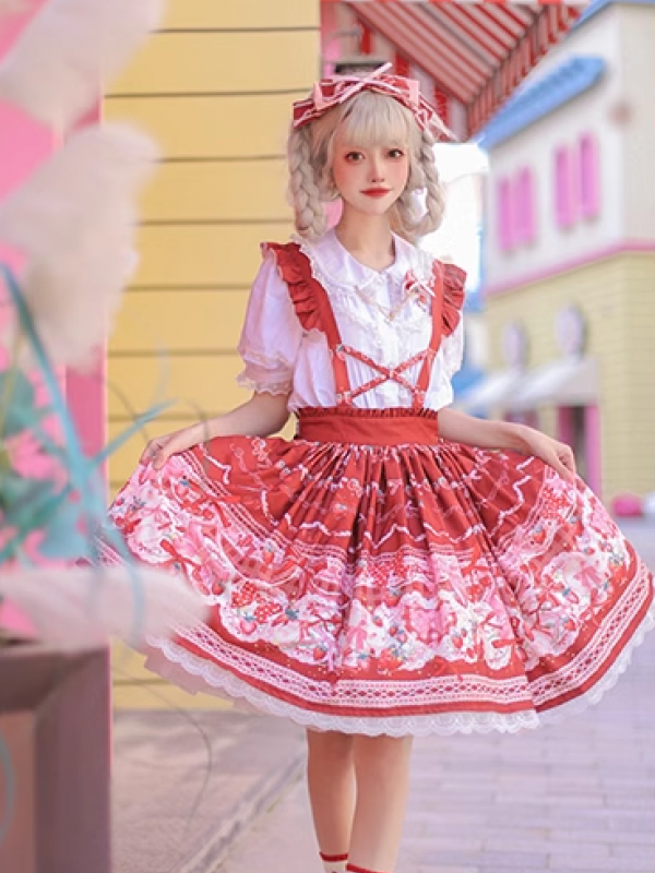 Sweet and Cute Bunny Strawberry Lolita Suspender Skirt SK Set