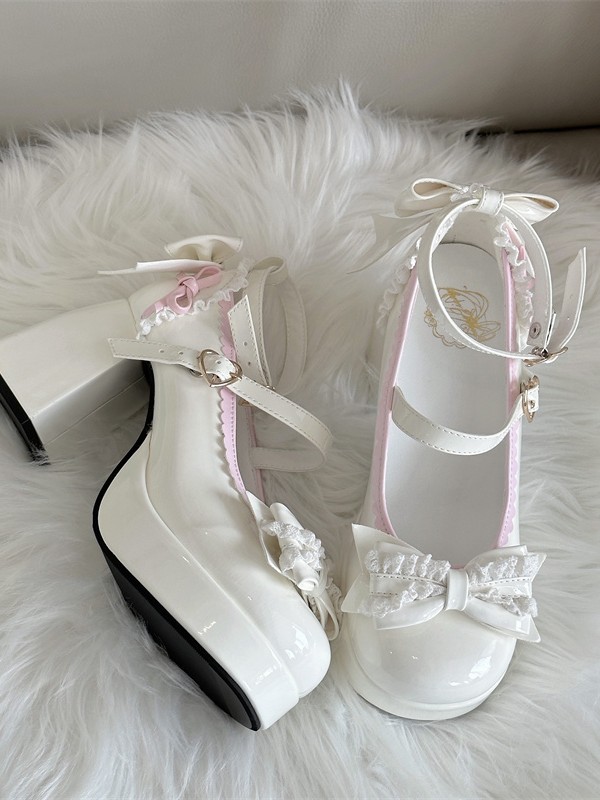 Lace Heart Knot Round Toe Shallow High Heel Elegant Lolita Shoes