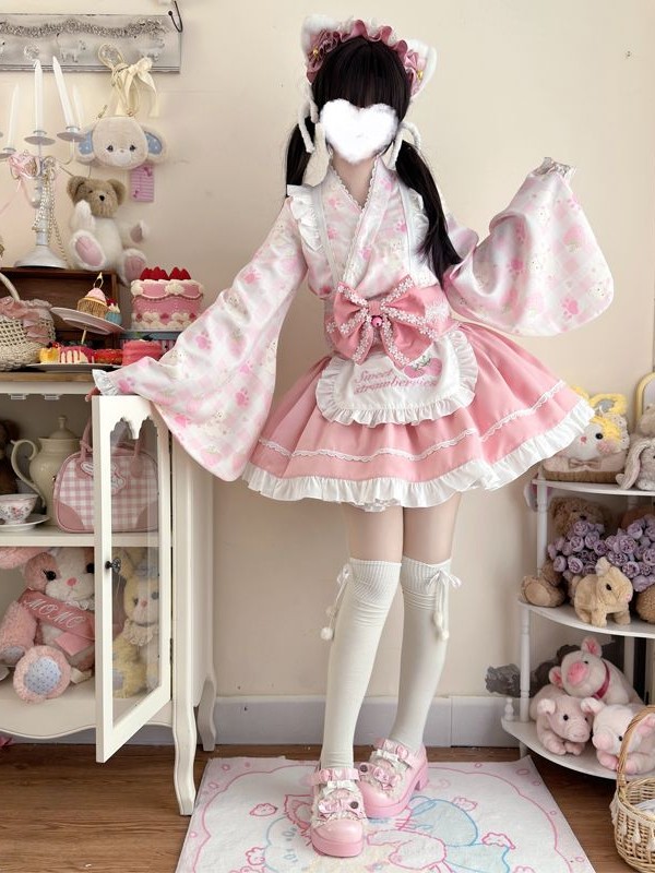 【Summer cute Cat】~Lolita~Pink Japanesestyle Maid Dress