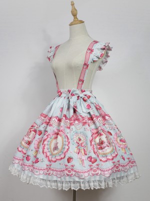 Sweet Cute Strawberry Rabbit Suspender Skirt Lolita