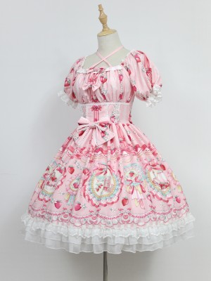 Sweet Strawberry Rabbit Print Short Sleeve Lolita One-piece OP